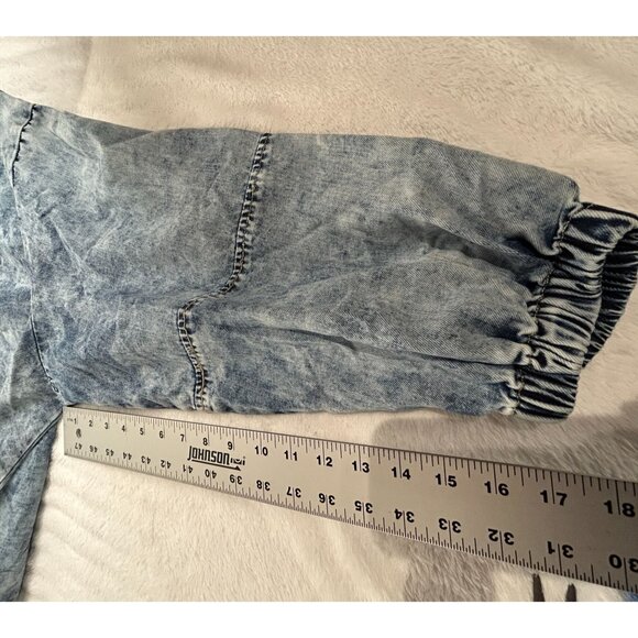 Ces Femme Womens Blue Distressed Demin Jean Jacket Large SharkBite Hem Oversized - Picture 9 of 10